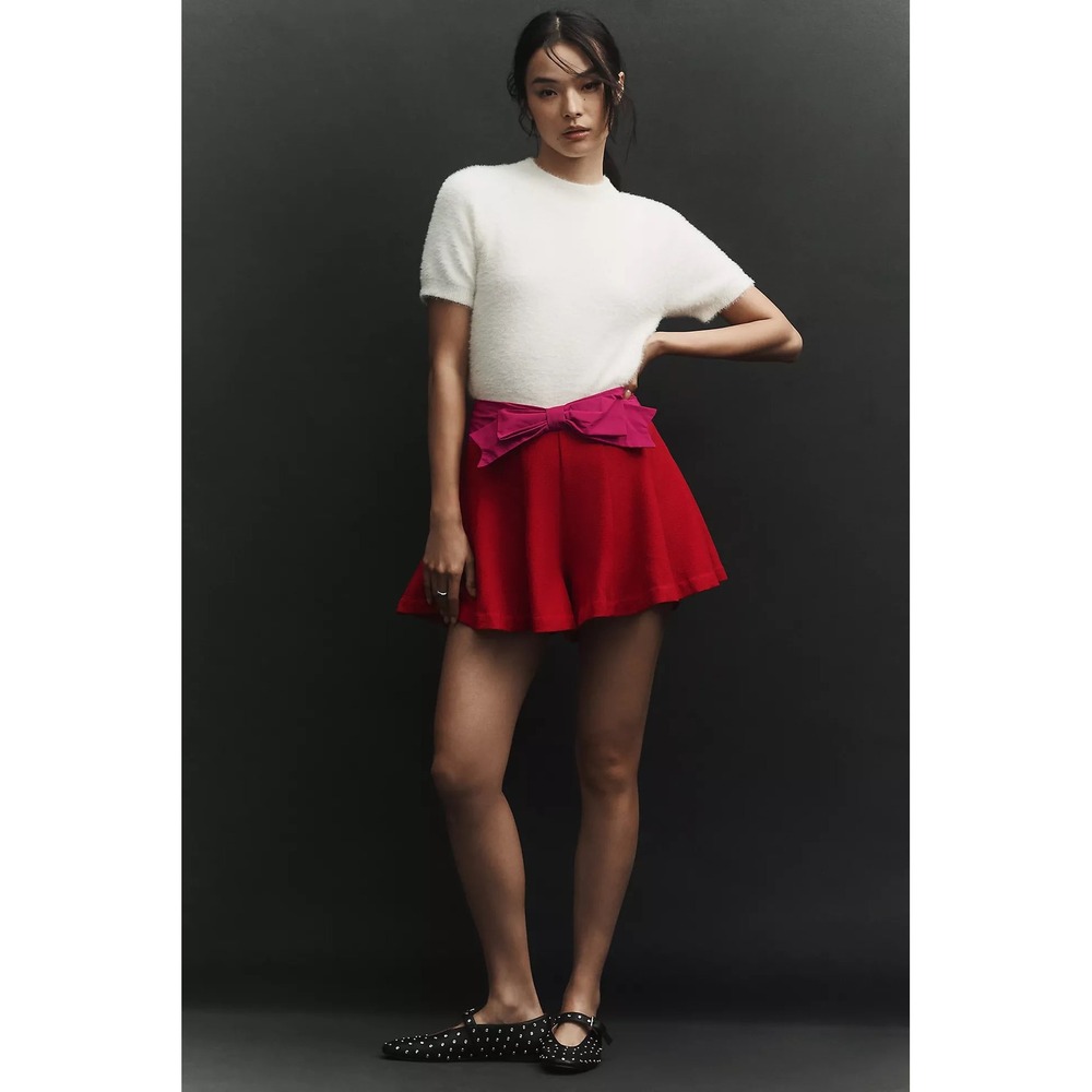 Anthropologie Maeve Paneled Skirty Shorts Red Pink Bow Waist Size 4